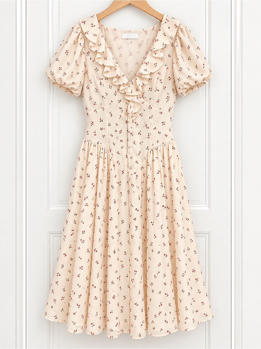 Lush Cream Midi Dress with Red Floral Print